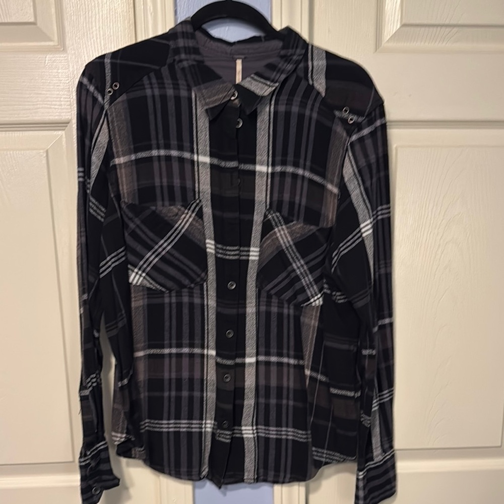 Free People Black and Gray Button Down Shirt
